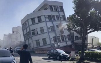 dalam gambar yang diambil dari rekaman video yang ditayangkan oleh tvbs terlihat sebuah bangunan yang runtuh sebagian di huali 169